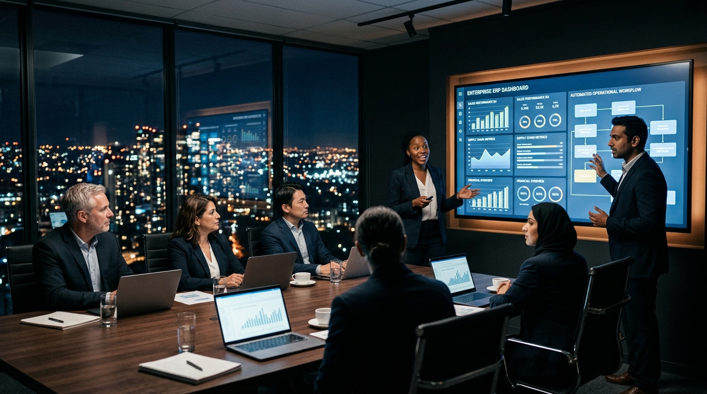 Codeaxe Technologies enterprise ERP and CRM consulting team analyzing operational workflow platforms and business data dashboards