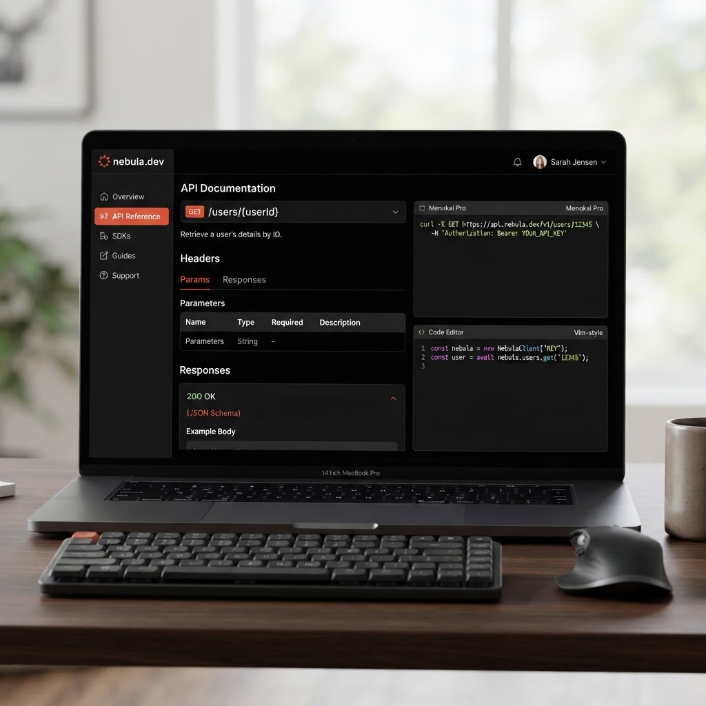 API developer platform interface with code editor and endpoint documentation