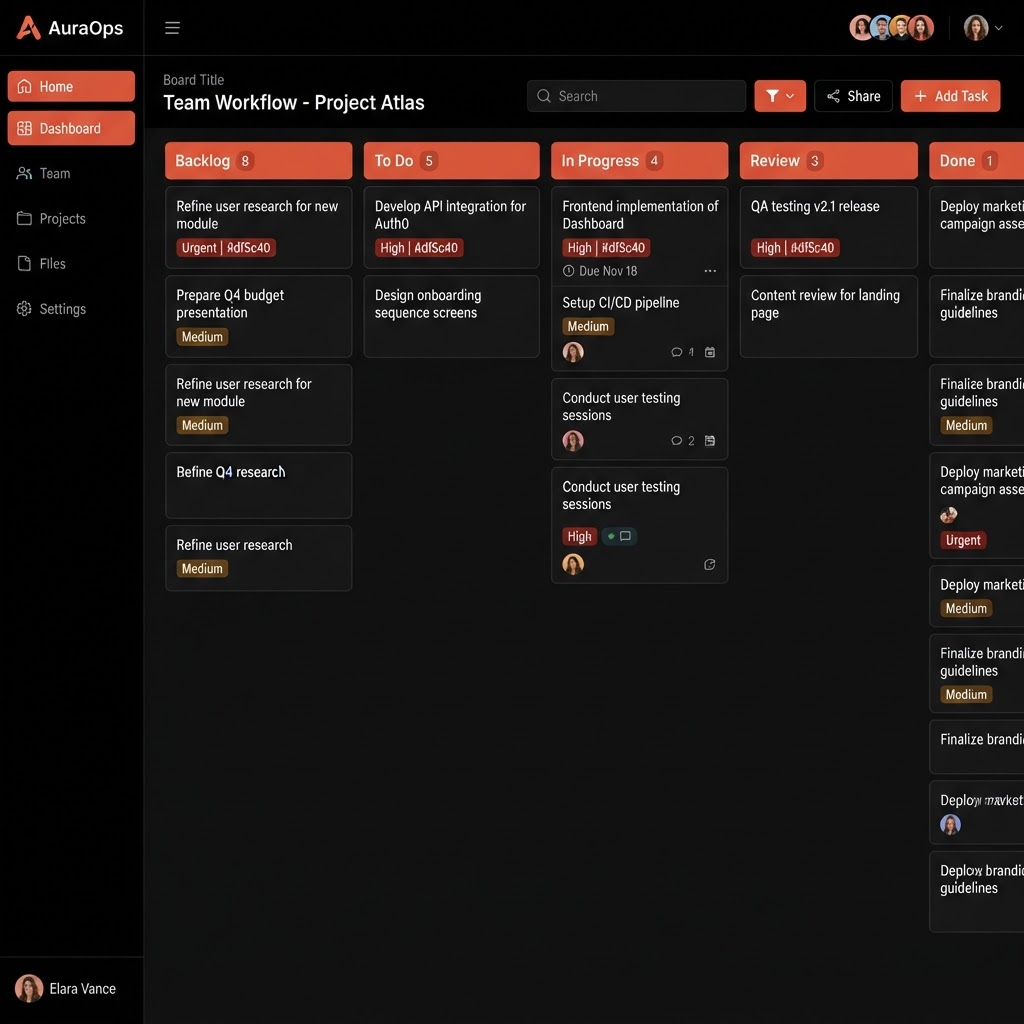 Business management interface with kanban board and workflow cards