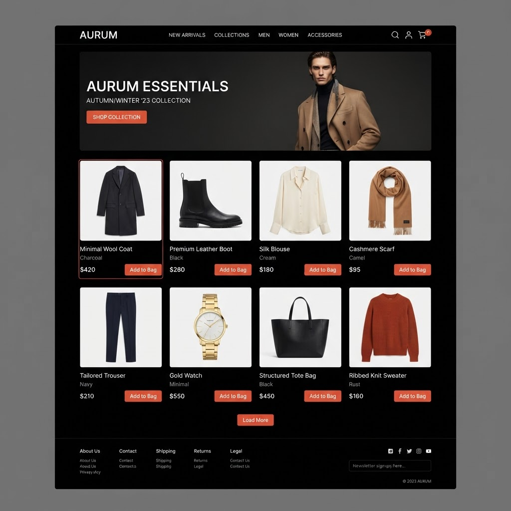 Minimal e-commerce storefront interface with a product grid