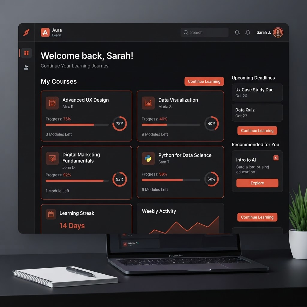 Education technology platform interface with course cards and progress indicators
