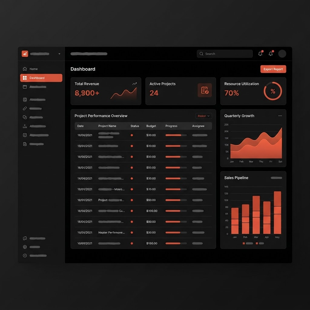 Dark enterprise ERP dashboard interface with data tables and charts