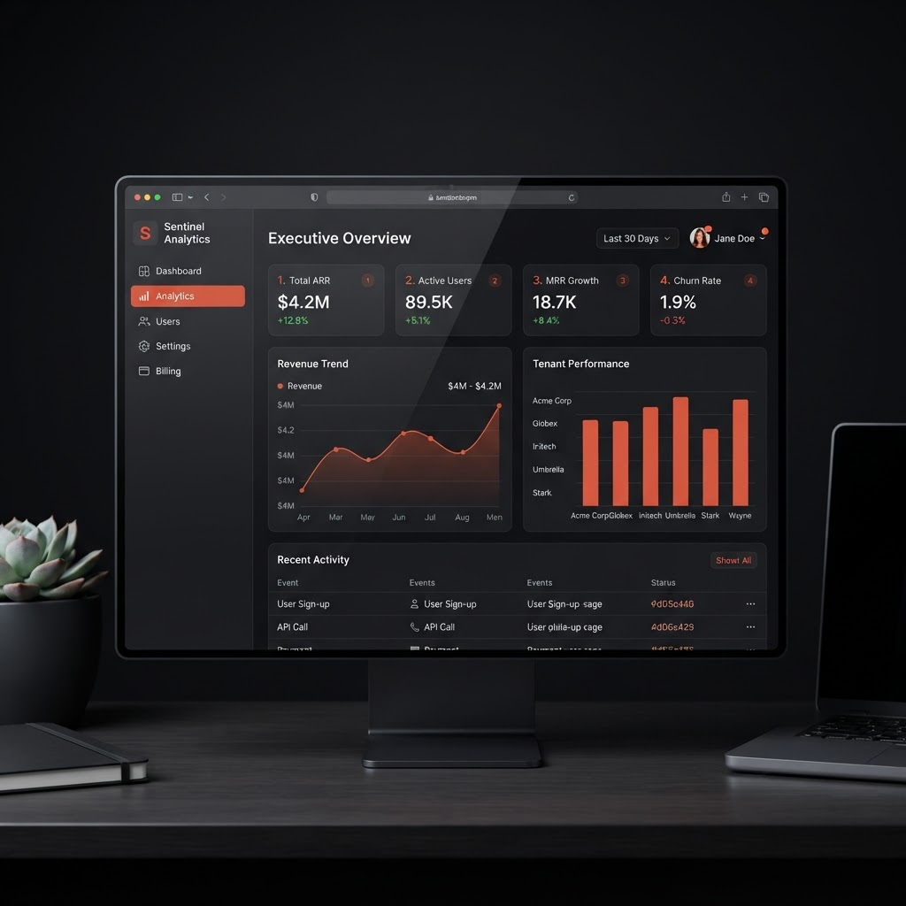 SaaS analytics dashboard with graphs and metric cards